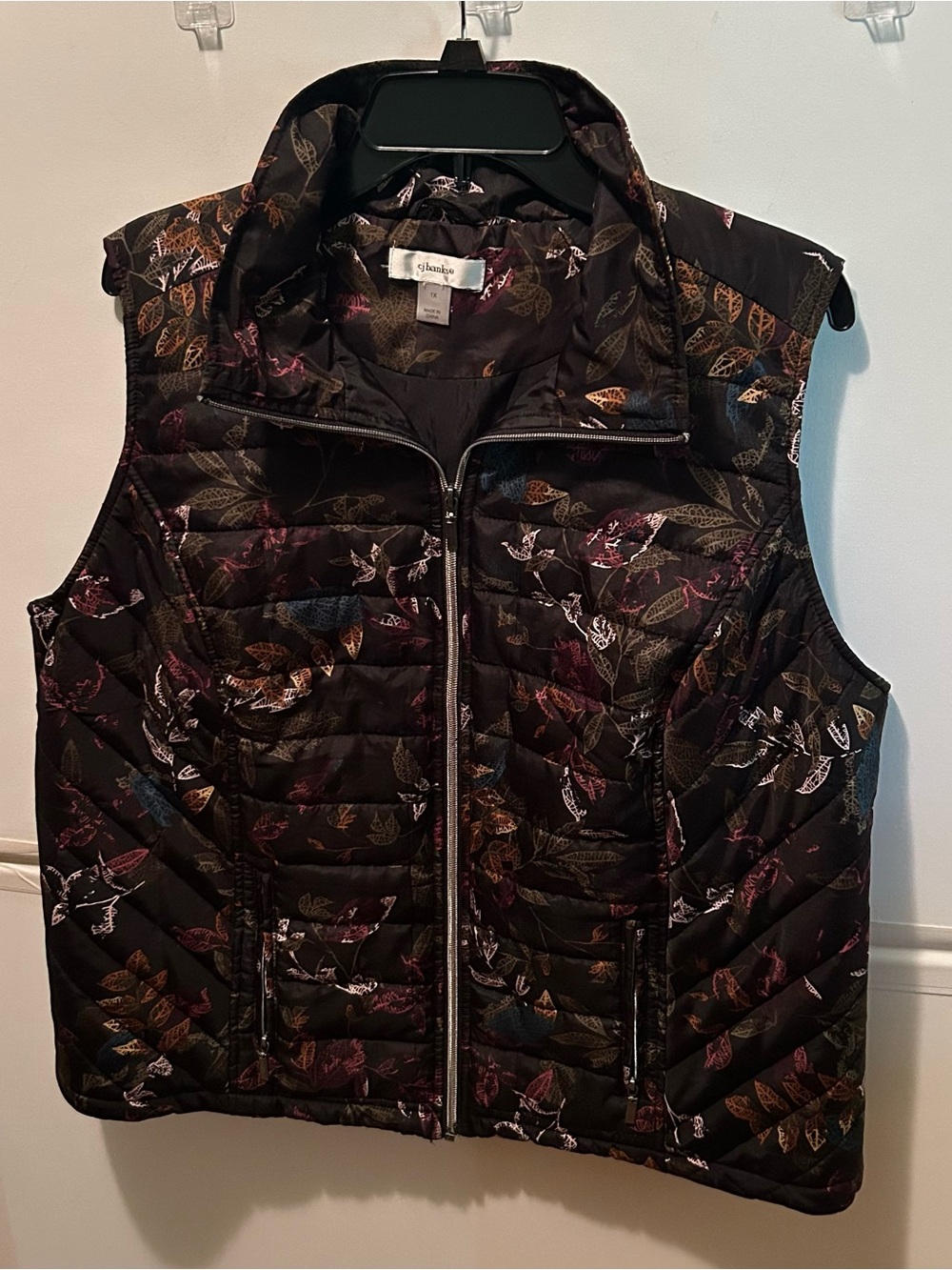 CJ Banks Floral Pattern Puffer Vest for women with Olive & Burgundy Details